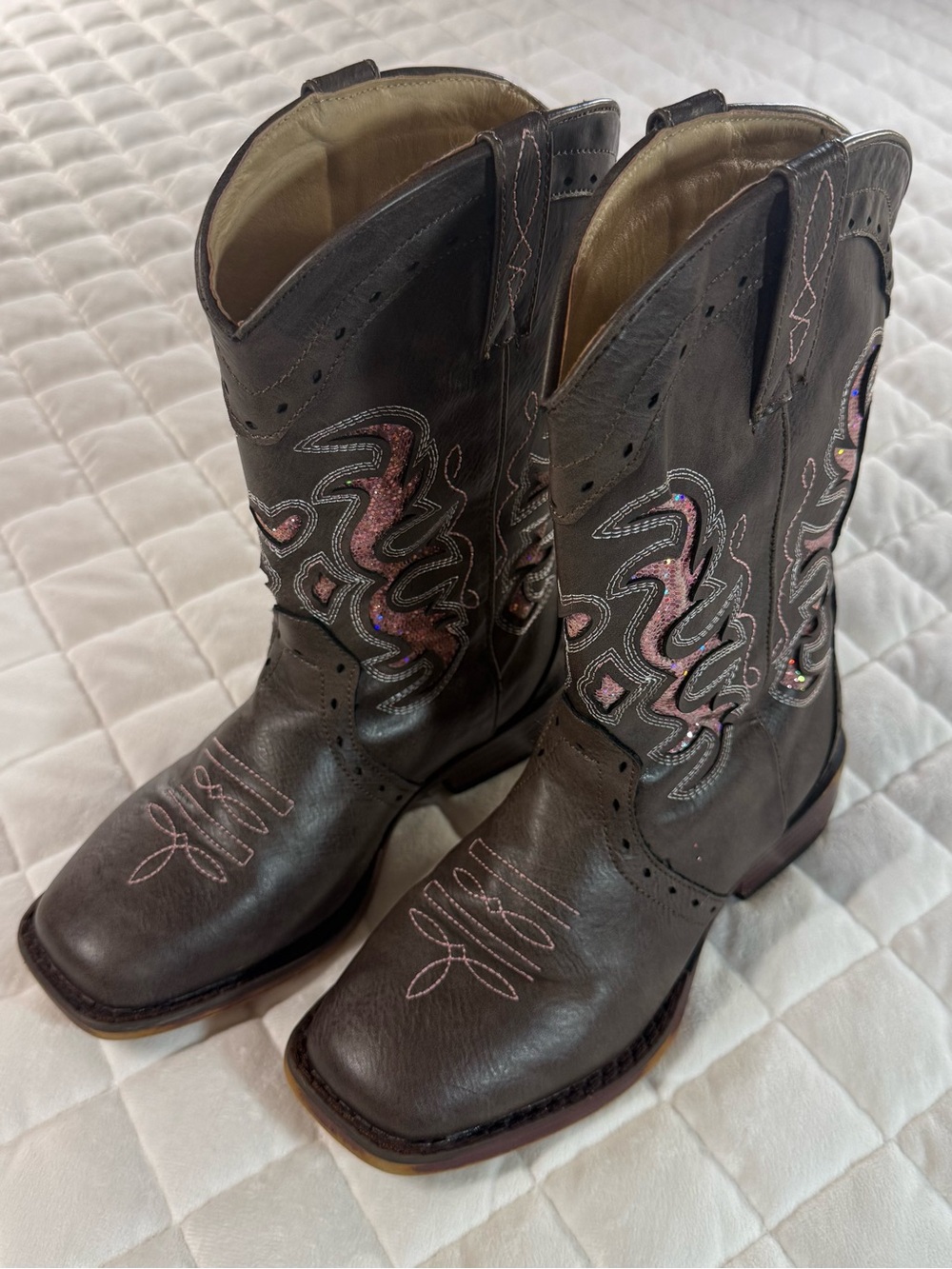 Roper Girls Lexi Brown Pink Glitter Square Toe Western Cowboy Boots Size 1